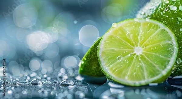 Fototapeta Fresh Lime Halves With Dew Drops On A Blue Background In Soft Focus