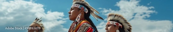 Fototapeta Majestic Native American in Traditional Attire Standing Before the Sky, Embracing the Heritage and Unity of Indigenous Cultures.