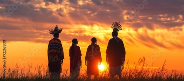 Fototapeta Majestic Native American in Traditional Attire Standing Before the Sky, Embracing the Heritage and Unity of Indigenous Cultures.