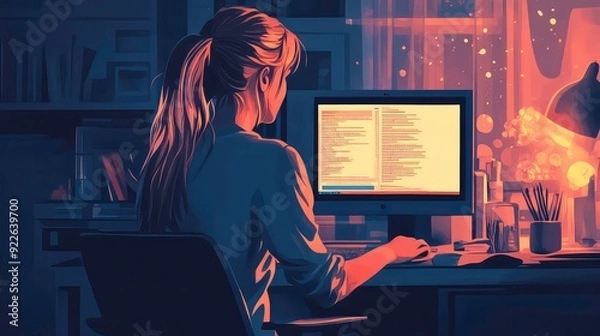Fototapeta A woman sits in front of a computer screen, working late into the night. The screen is filled with code, suggesting she is a programmer or software developer.