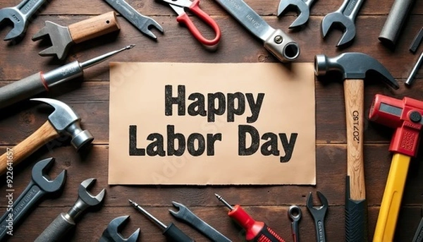 Fototapeta Happy Labor Day with Tools Arranged on Wooden Surface (1)