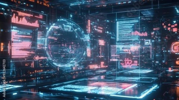 Fototapeta Futuristic digital environment with floating holographic data screens and charts.