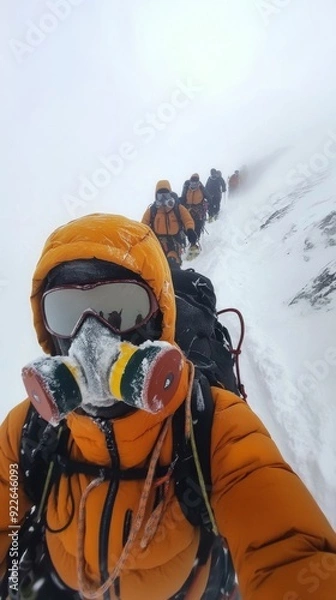 Obraz Nepalese Adventure: A Team's Ascent to Everest Base Camp in the Sagarmatha National Park with Oxygen Masks, a Striking Visual Narrative.