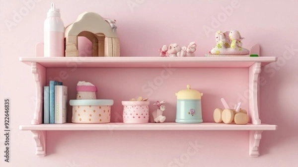 Fototapeta Pink Shelf with Toys and Books for a Nursery
