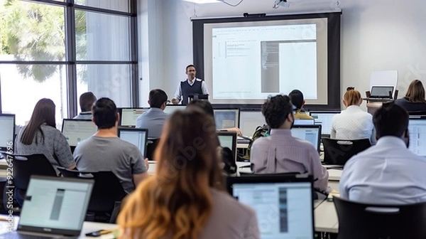Obraz A group of employees participating in a training session, with an instructor in front of them and learning materials on their desk