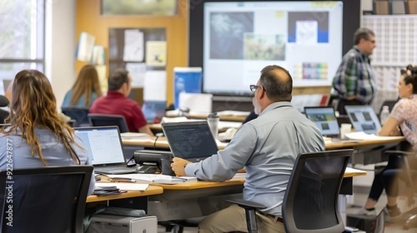 Obraz A group of employees participating in a training session, with an instructor in front of them and learning materials on their desk