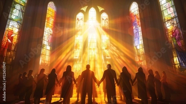 Fototapeta A group of people holding hands in a prayer circle inside a beautifully lit church, sunlight streaming through stained glass windows. The image highlights community, faith, banner with copyspace