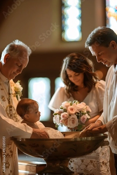 Fototapeta A priest baptizing a baby in a font, parents and godparents standing by, serene church setting with soft lighting. The image captures a sacred moment of faith and tradition, banner with copyspace