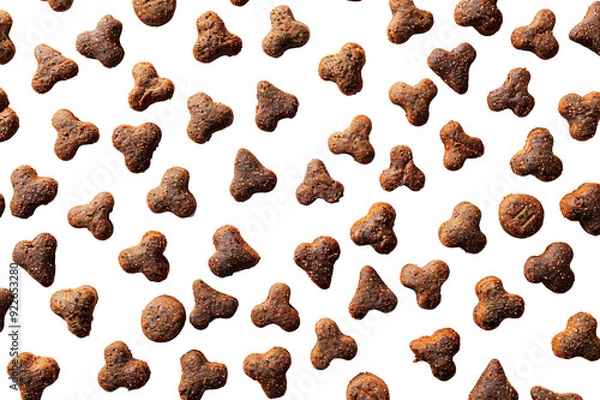 Fototapeta A top view of dry dog food or pellets arragned in pattern