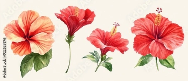 Obraz Set of Watercolor Hibiscus Flower Illustration . A captivating collection of watercolor hibiscus flower illustrations