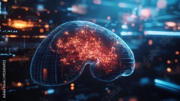 Fototapeta Abstract 3D Wireframe Brain with Glowing Neural Connections - Artificial Intelligence, Technology, and Digital Concepts.