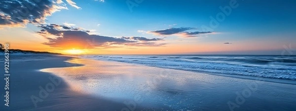 Fototapeta Beautiful beach sunset with a blue sky and ocean wave