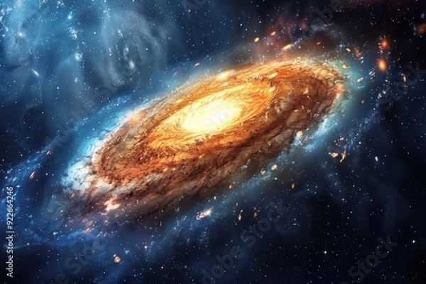 Fototapeta Spectacular view of a spiral galaxy with glowing center and vibrant blue and orange hues.