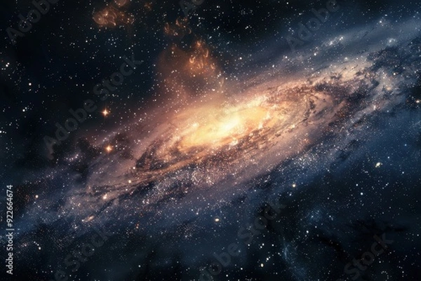 Fototapeta Glowing spiral galaxy with bright center and dark dust lanes in deep space.