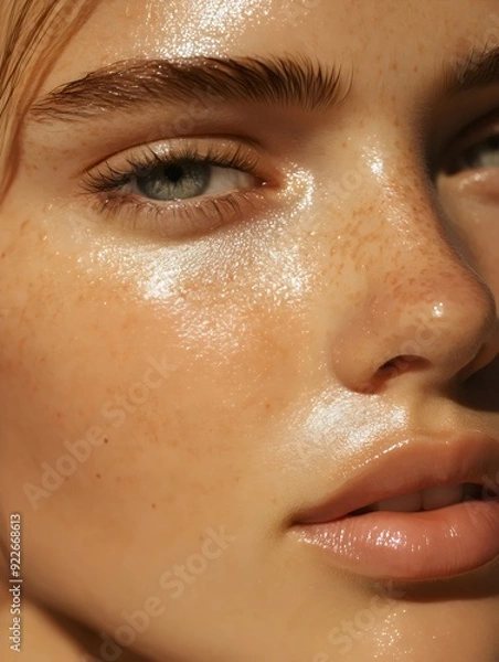 Fototapeta Close-up Portrait of a Young Woman with Freckles and Sun-kissed Skin. Generative AI