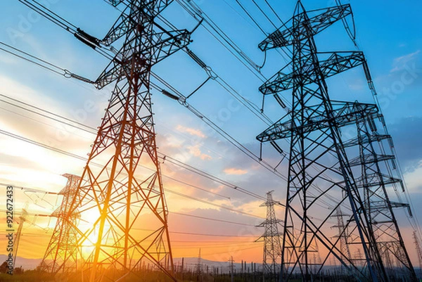 Obraz An image depicting a network of power lines and substations, illustrating the complex infrastructure that delivers electricity to homes, businesses, and industrie