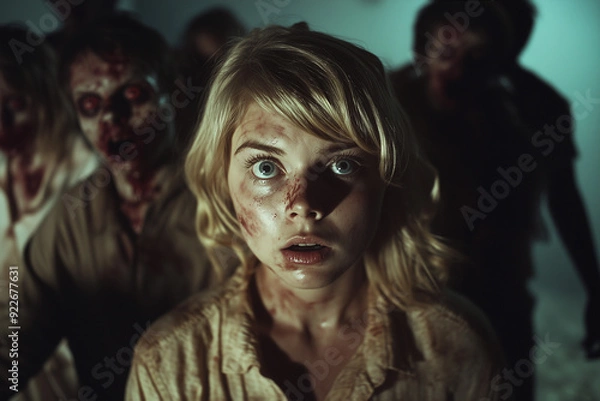 Fototapeta A beautiful blonde woman runs away, terrified, from a group of decaying zombies, capturing the intense horror and fear of a zombie apocalypse in vivid detail.