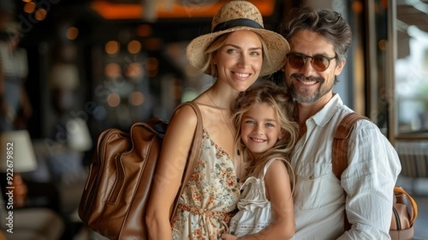 Obraz Happy family booking summer vacation trip using 3d model of phone with empty white screen isolated on blue background. New app, holiday, travel, ad concept On-line shopping, travel. ai generated