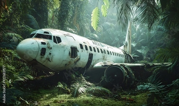 Fototapeta Airplane ruins in the jungles. Crashed plane wreck in forest. Aviation disaster and air accident concept. Abandoned wrecked aircraft. Exploration and adventure concept