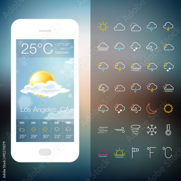 Obraz Mobile Weather Application Screen with icon set. Vector forecast realistic design widget