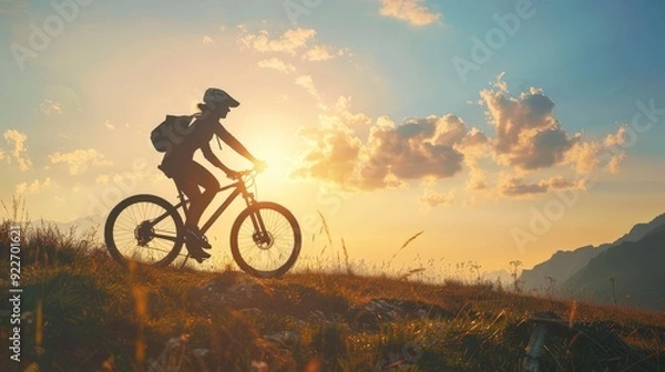 Fototapeta A cyclist rides against a sunset backdrop, showcasing outdoor leisure and adventure.