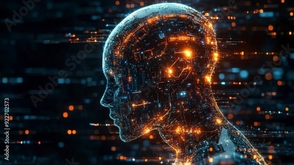 Fototapeta A digital representation of a human head with glowing circuitry and data flow.