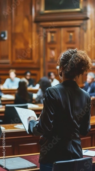 Fototapeta A woman stands confidently, presenting her case to a focused audience in a formal courtroom