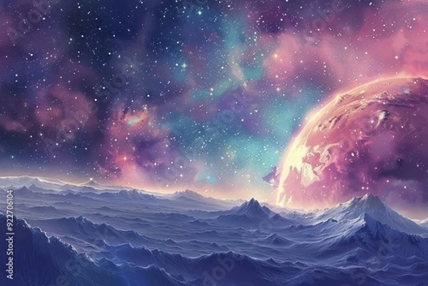 Fototapeta Breathtaking cosmic landscape with a distant planet, shining stars, and colorful nebulae.