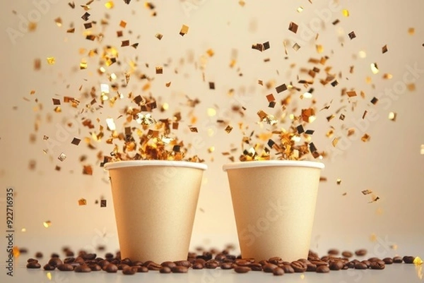 Fototapeta two paper coffee cups with golden confetti and falling beans-gigapixel-hq-scale-6_00x