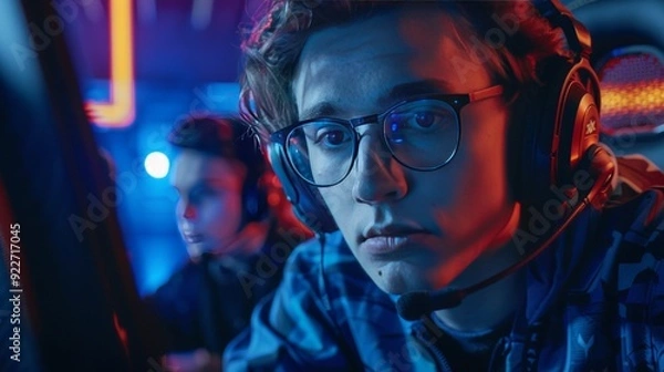 Fototapeta Close-up of professional gamers focused on their screens, showcasing high-end equipment and competitive environment