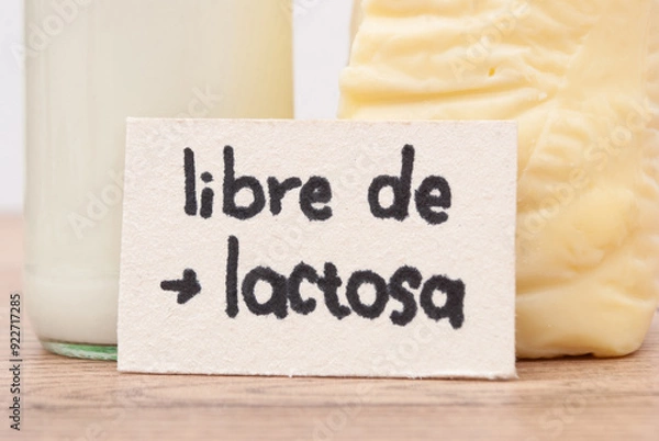 Fototapeta Milk in glassware and a piece of cheese, card with the phrase “Lactose free” on wooden table. Space for text
