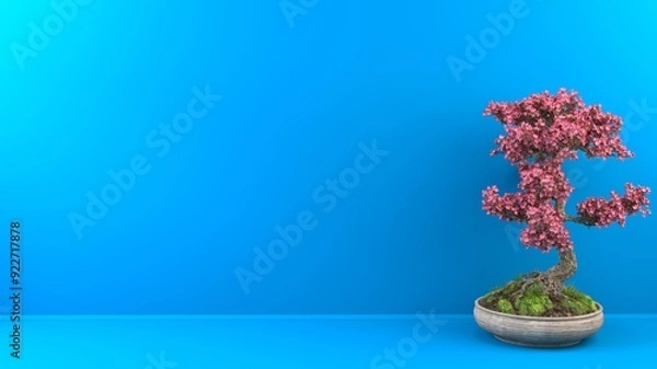 Obraz Small bonsai cherry tree with beautiful pink flowers on bright blue background