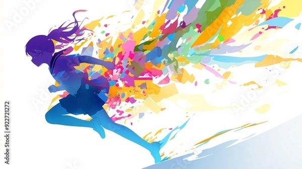 Fototapeta Teenager student run so fast with colorful splash explosion isolated on white background, silhouette, concept of youth, colorful life, promising future, passionate anime character illustration