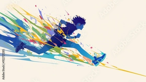 Fototapeta Teenager student run so fast with colorful splash explosion isolated on white background, silhouette, concept of youth, colorful life, promising future, passionate anime character illustration
