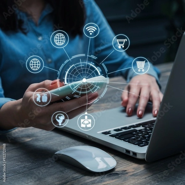 Fototapeta Woman Holding Smartphone with IT Icons: A Modern Technology Concept, Innovative IT Background: Woman with Smartphone Surrounded by Digital Icons, Technology in Action: Woman Holding Smartphone with IT