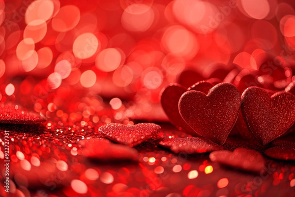 Fototapeta A cluster of shiny red hearts against a bokeh-filled red background. perfect for Valentine's Day, wedding, or anniversary projects.