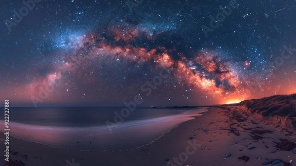 Fototapeta Milky Way stretches across the night sky, visible from a beach at Outer Cape Cod National Seashore. The stars shine brightly above the dark, quiet ocean, creating a stunning, otherworldly scene