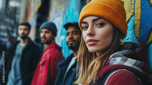 Fototapeta Urban Youth in Streetwear Posing Against Graffiti Wall - Group Portrait