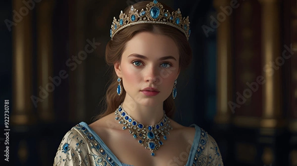 Fototapeta High-resolution, portrait-style image featuring a young woman with fair skin and long, light brown hair styled in loose waves. She is adorned in regal attire