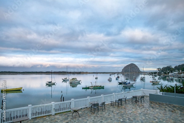 Obraz Cloudy, still morning on Morro Bay, California with Morro Rock in the background