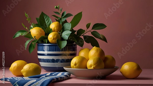 Obraz Still life image featuring a collection of lemons. The layout includes a blue and white striped ceramic pot filled with lemons and green leaves, positioned on the left side of the image. 