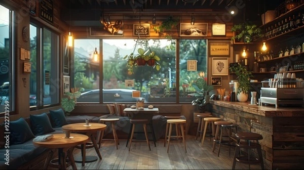 Fototapeta A Cozy cafe interior with warm lighting and wooden furniture. Generative AI.