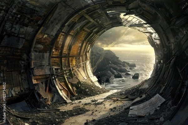 Obraz A Crumbling Metallic Tunnel with a Glimpse of Ocean and Sky