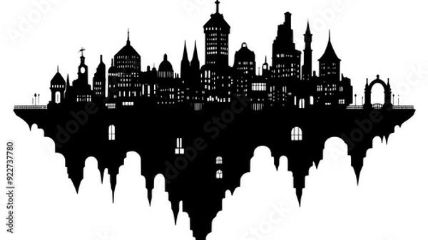 Fototapeta Floating island with elaborate buildings connected by glowing bridges and pathways, vector illustration art