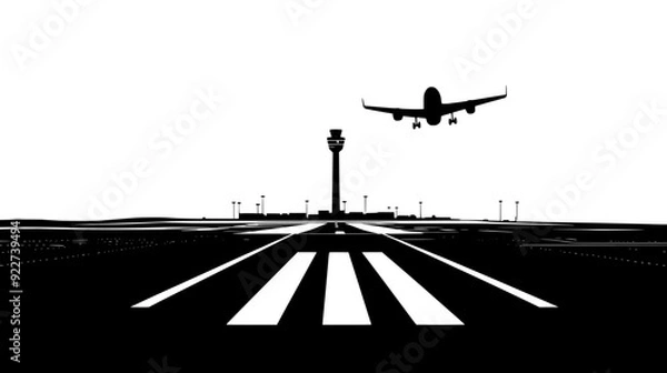 Fototapeta Airport runway with taxiing aircraft, control tower visible in the background, vector illustration art