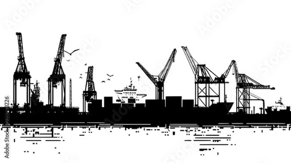 Fototapeta Harbored freighters at the pier, with cranes and loading equipment spread throughout the port area, vector illustration art