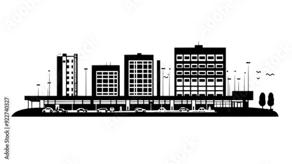 Fototapeta Main hospital building with distinct wings, connected by covered walkways, vector illustration art
