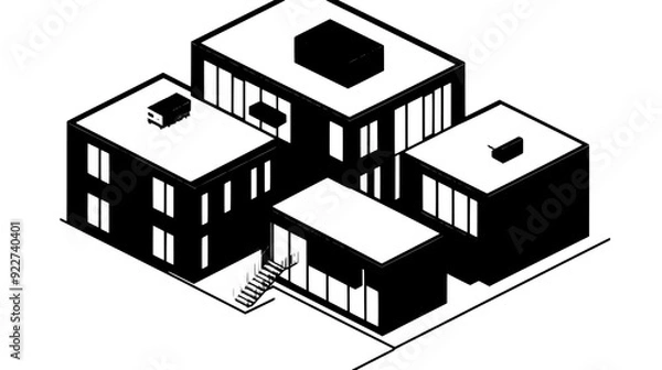 Fototapeta Multiple modular units combined to form a cohesive, interconnected building with open interior spaces, vector illustration art