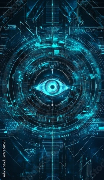 Fototapeta Futuristic digital eye background with glowing blue technology circles and sci-fi elements