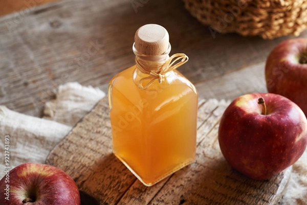 Fototapeta A bottle of apple cider vinegar on a table